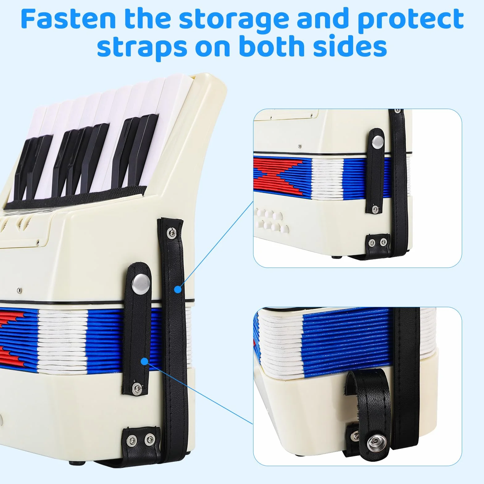 Accordéon pour Enfants 17 Touches 8 Basses Diatonique avec Sangles Réglables Blanc Cadeau Débutants