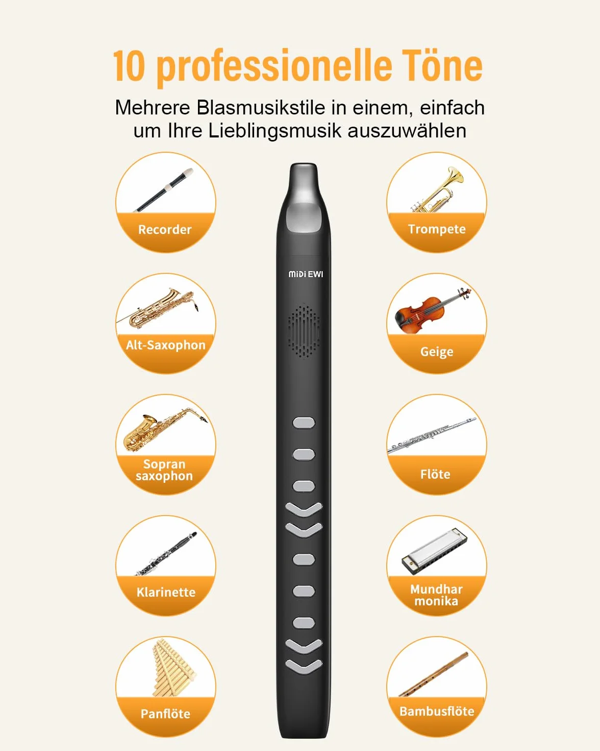 Instrument à soufflage numérique noir Bluetooth MIDI électronique avec câble d'alimentation