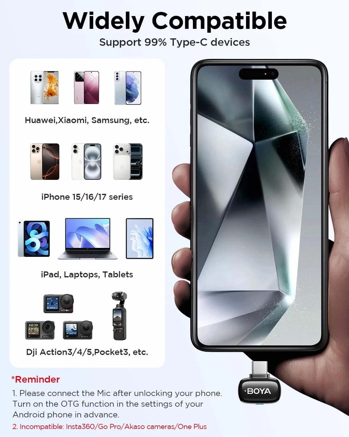 BOYA Mini 2 Micro Cravate sans Fil USB-C 2 Micros Ultra-Mini Réduction de Bruit par IA 40dB 48kHz/24Bit Contrôle par App pour Android iPhone 15/16/17 TikTok YouTube
