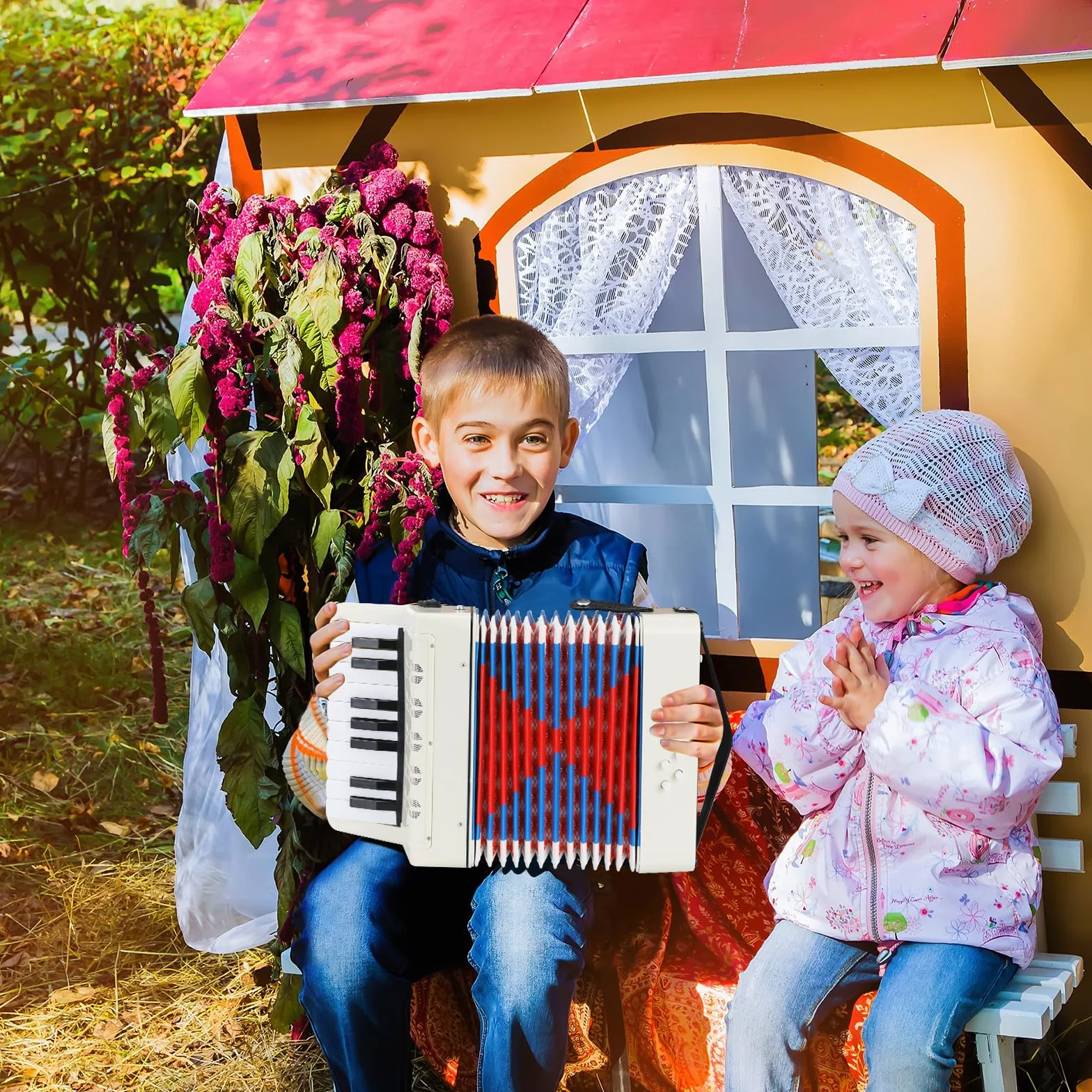 Accordéon pour Enfants 17 Touches 8 Basses Diatonique avec Sangles Réglables Blanc Cadeau Débutants
