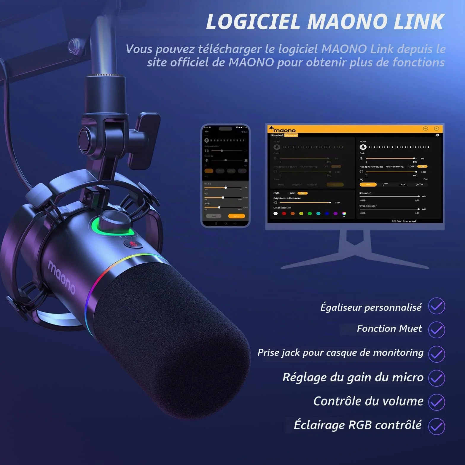 MAONO PD200XS Micro Kit XLR-USB Dynamique pour Streaming Gaming Podcast Enregistrement Noir