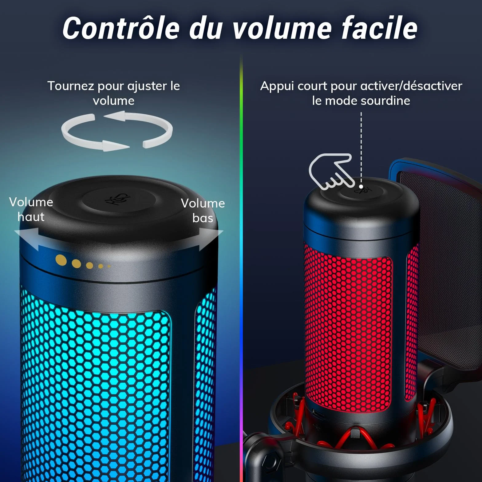 TONOR TC310+ Microphone USB RGB Condensateur Professionnel avec Support de Bras pour Streaming Enregistrement Jeux