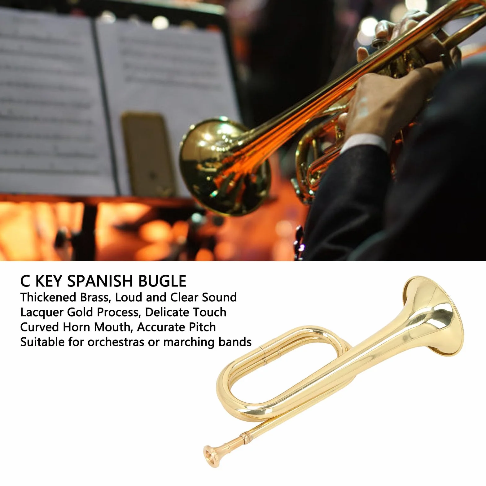 Trompette à clé C Bugle de Cavalerie en Laiton Doré Instrument Militaire