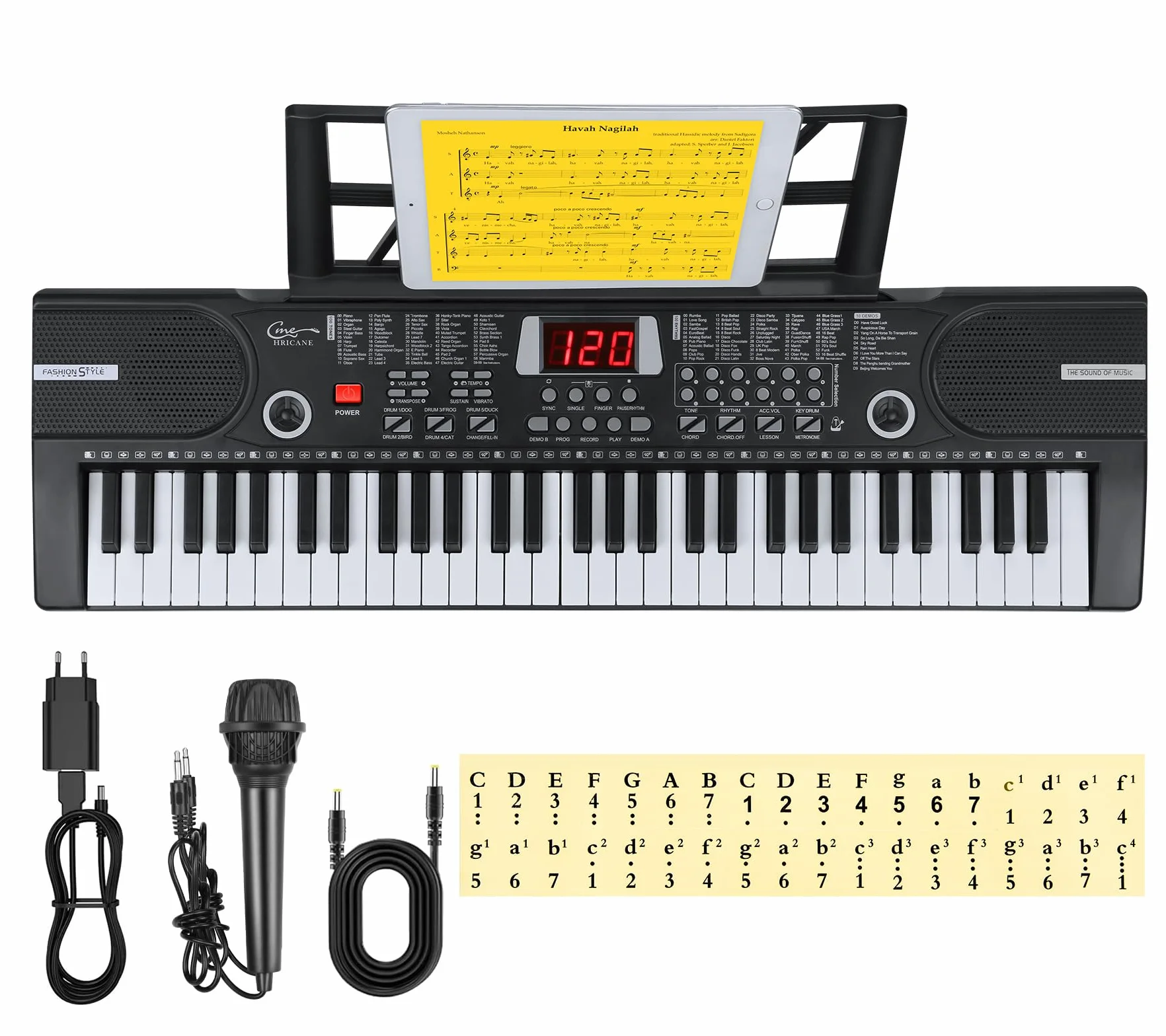 Clavier électronique 61 touches portable pour enfants avec microphone, pupitre (noir)