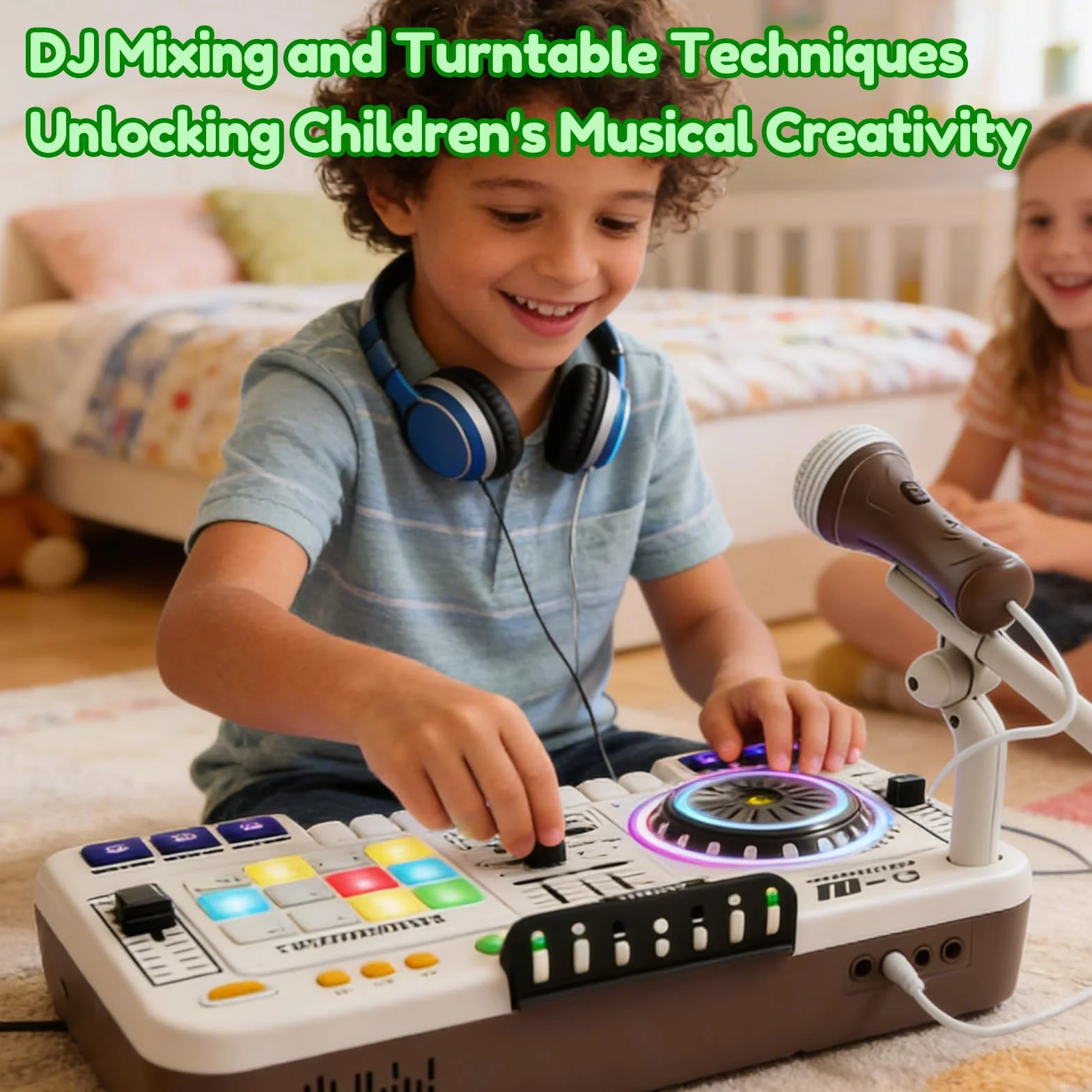 Table de Mixage DJ Enfants avec Microphone, Effets Lumière, Bluetooth, Jouet Musical Interactif