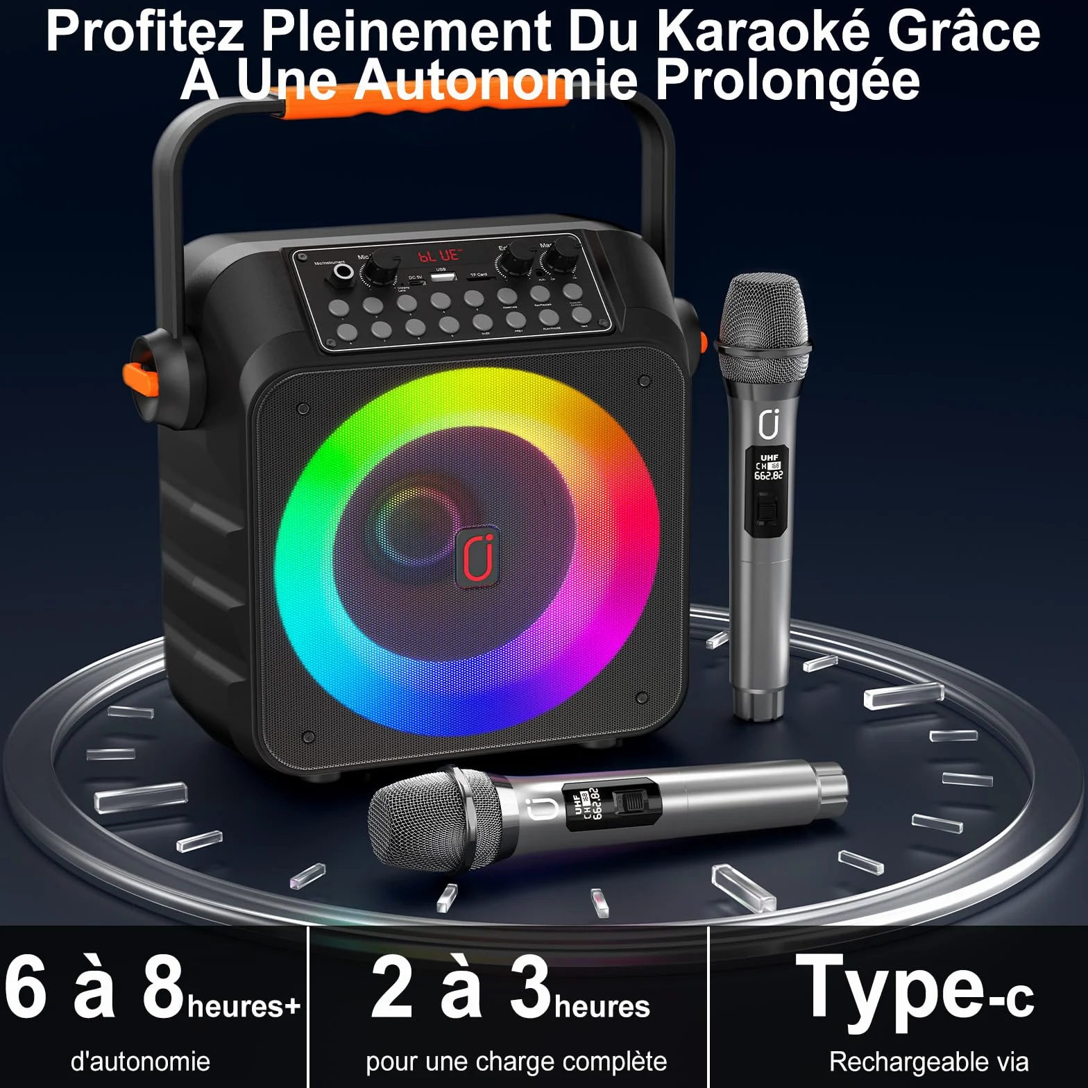 Karaoke Adulte Bluetooth 5.3 avec 2 Microphones, 80W Enceinte Portable LED