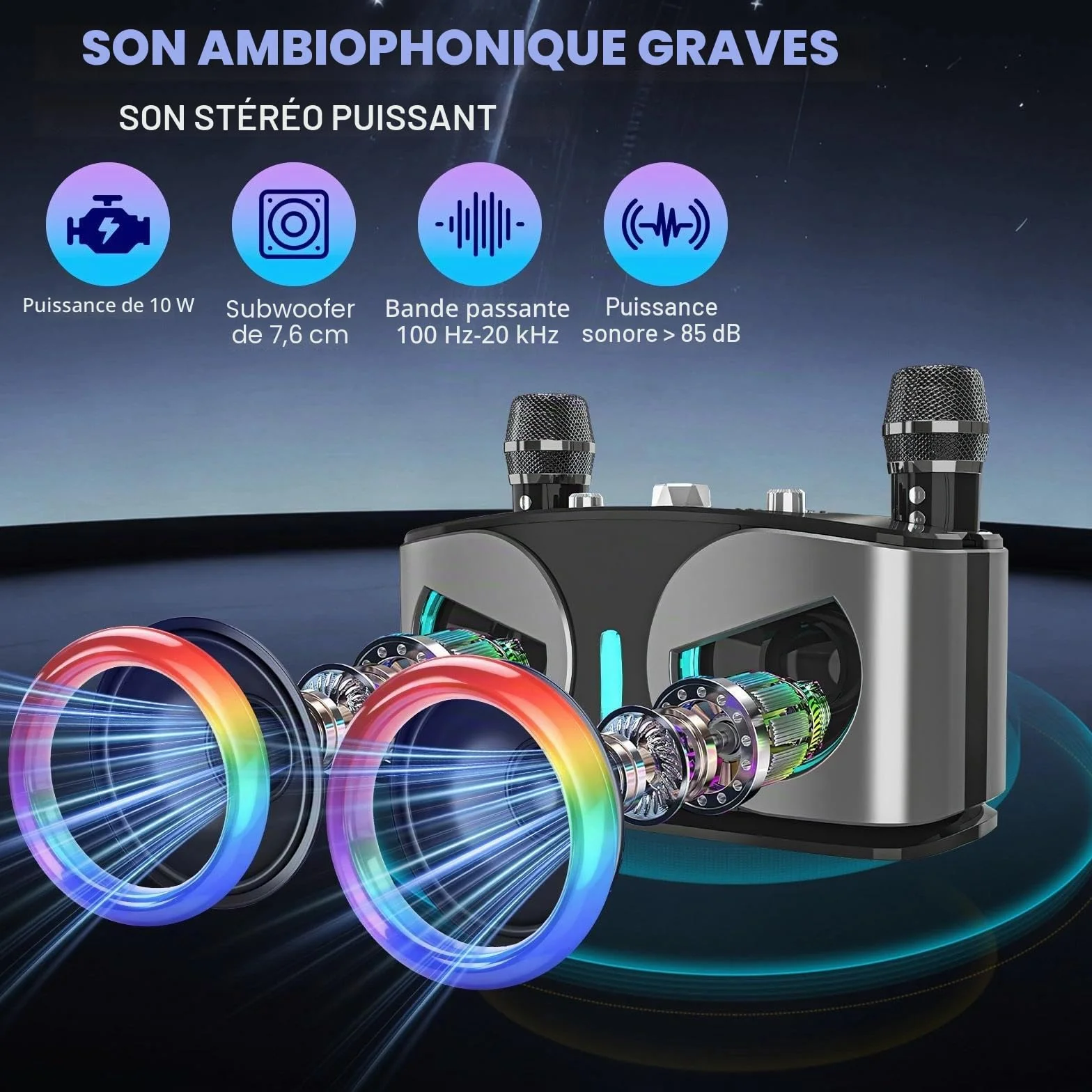 Machine de Karaoké Bluetooth Portable avec 2 Microphones sans Fil, Lumières Disco, Supporte TV/USB/AUX/TF/FM