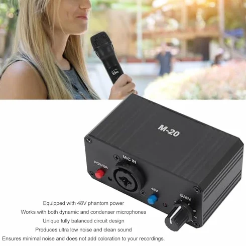 Préampli de Microphone 48 V avec Alimentation Fantôme, Sortie XLR pour Micro Dynamique et Condensateur