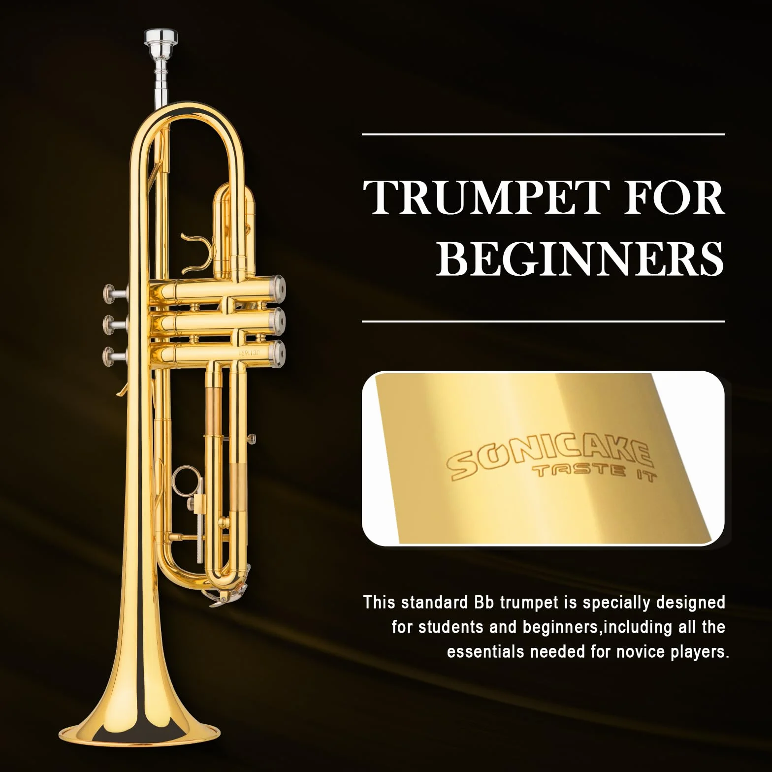 SONICAKE Trompette Bb Standard Débutants Laiton Doré Étui Rigide Embouchure 7C Gants QTP-01