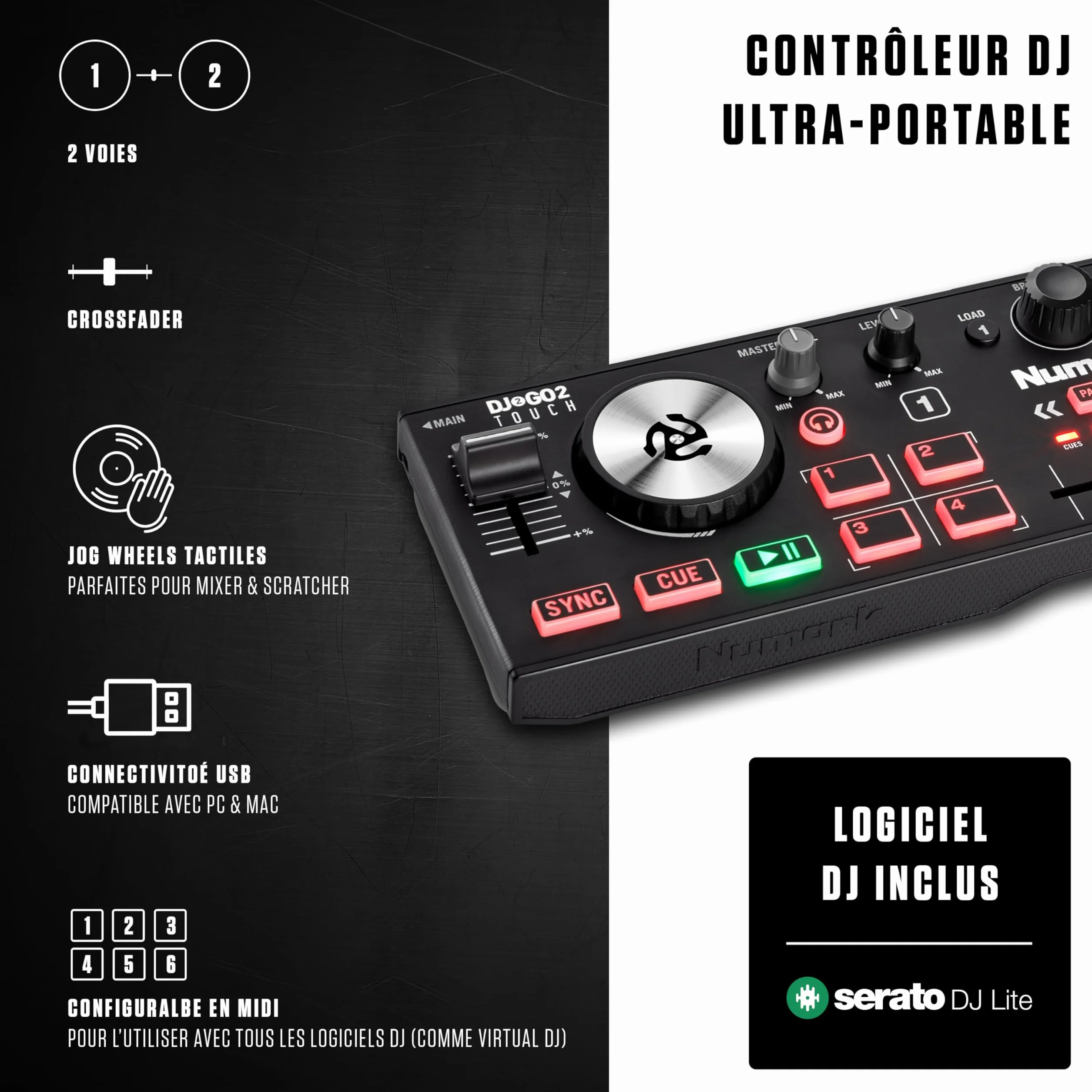 Numark DJ2GO2 Touch Contrôleur DJ 2 Canaux Portable avec Table de Mixage et Carte Son Intégrées et Platines Tactiles, Serato DJ Lite