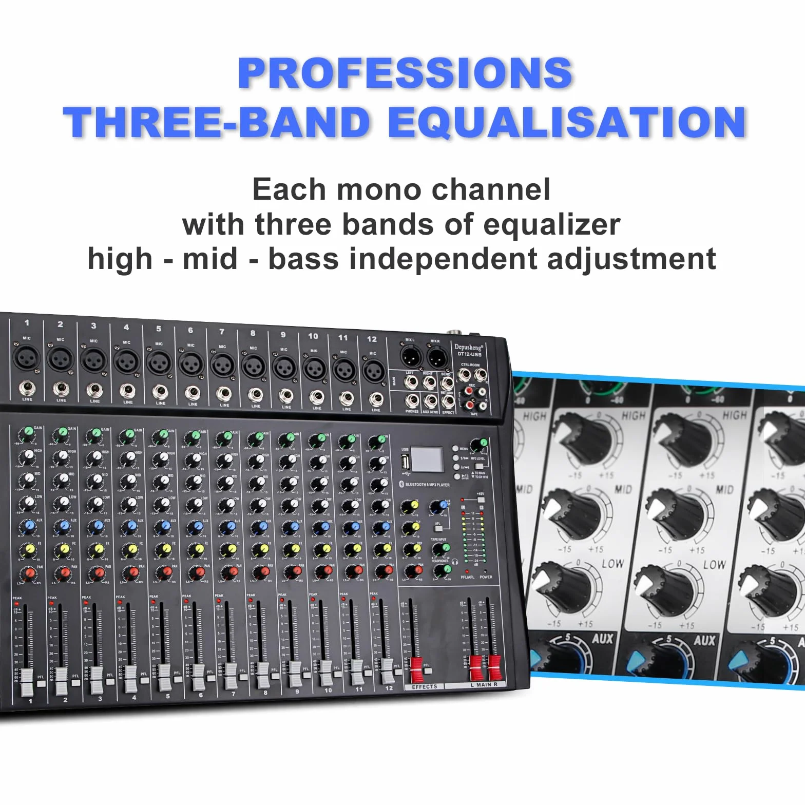 Depusheng DT12 Console de mixage audio studio 12 canaux avec interface contrôleur DJ USB alimentation 48V