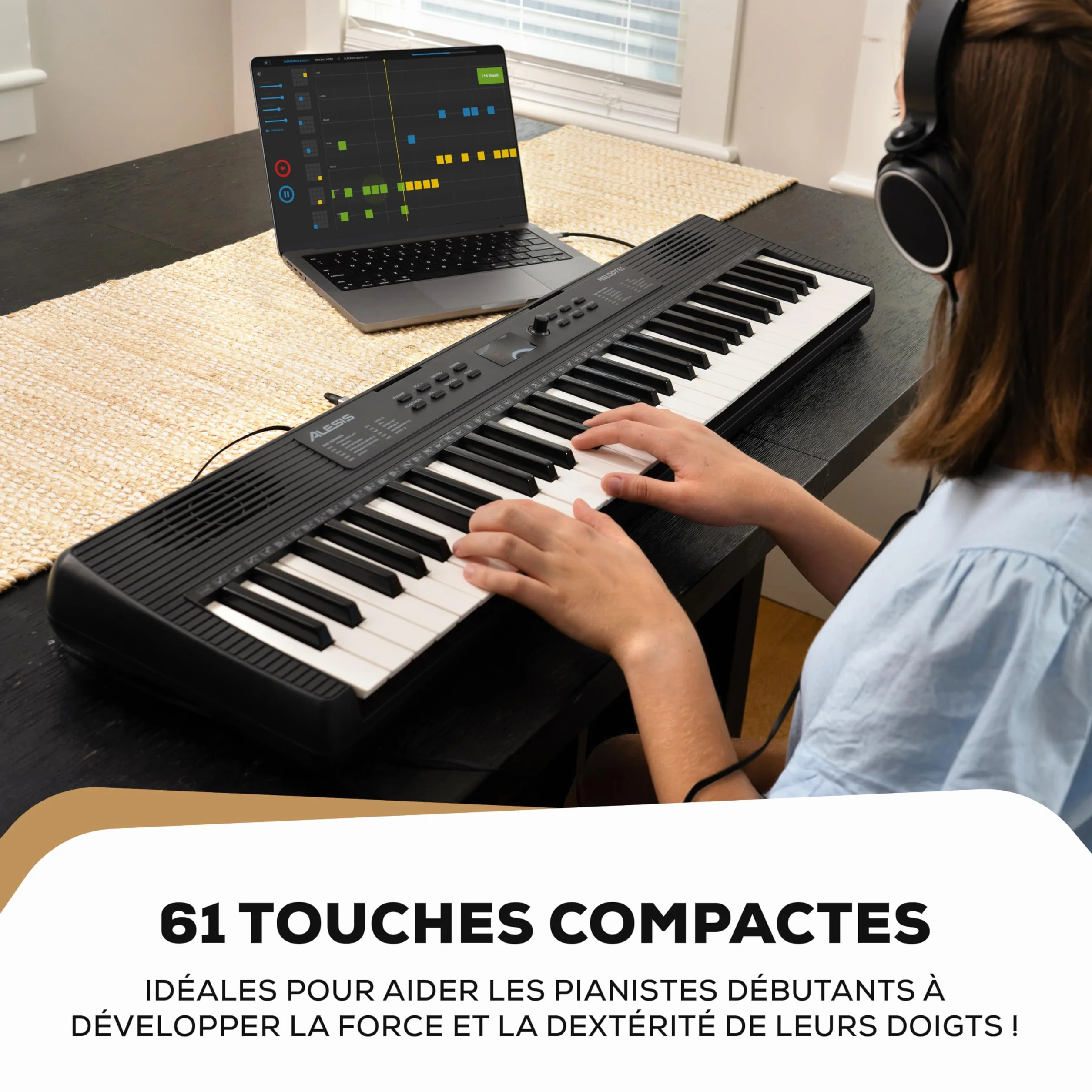 Alesis Melody 61 Piano Numérique 61 Touches pour Débutants avec Haut-Parleurs, Support, Banc, Casque, Pupitre, 300 Sons