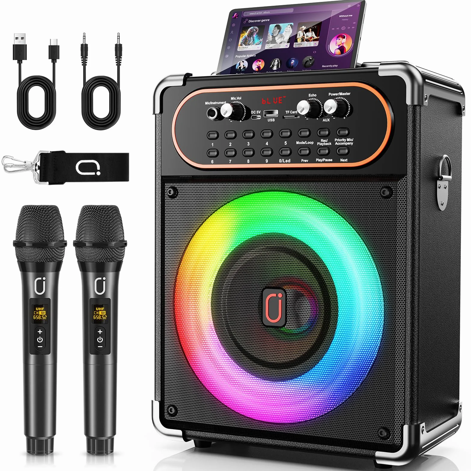 HWWR Karaoke 2 Micro sans Fil 500W Enceinte Portable avec Lumières LED Autonomie 24h Système PA TWS/USB/Carte TF/AUX