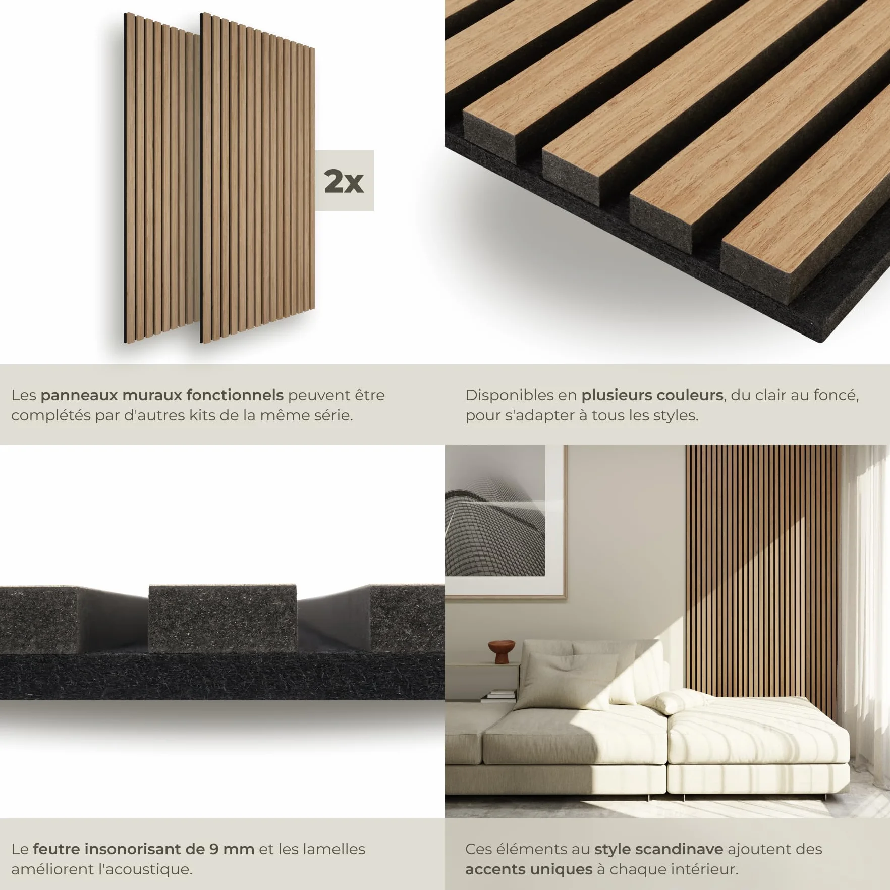 Tectake Lot de 2 panneaux acoustiques muraux MDF 120x60x2,1 cm isolation phonique décoration murale