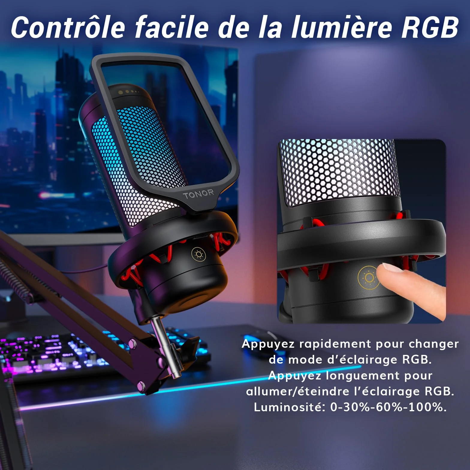 TONOR TC310+ Microphone USB RGB Condensateur Professionnel avec Support de Bras pour Streaming Enregistrement Jeux