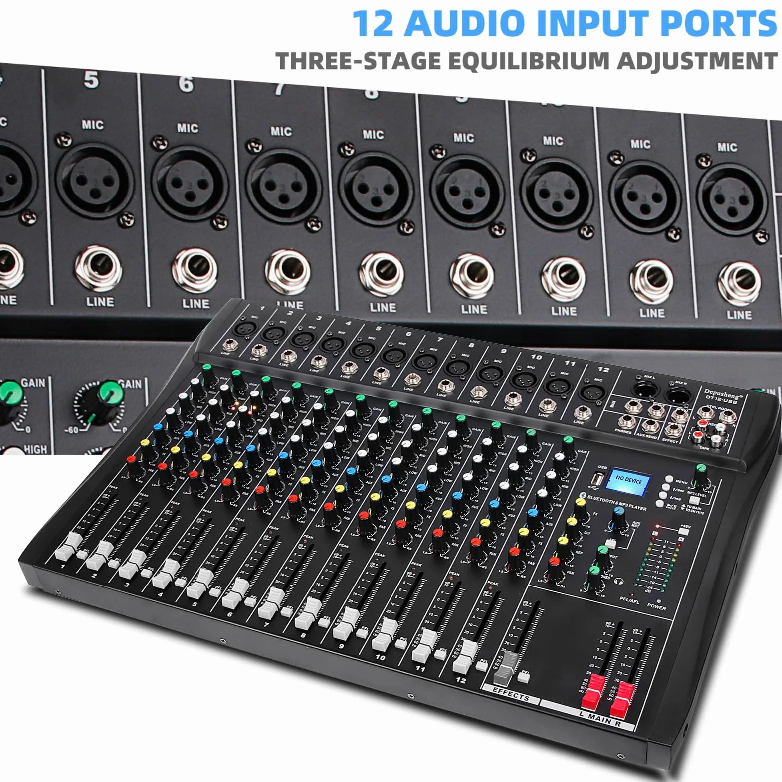 Depusheng DT12 Console de mixage audio studio 12 canaux avec interface contrôleur DJ USB alimentation 48V
