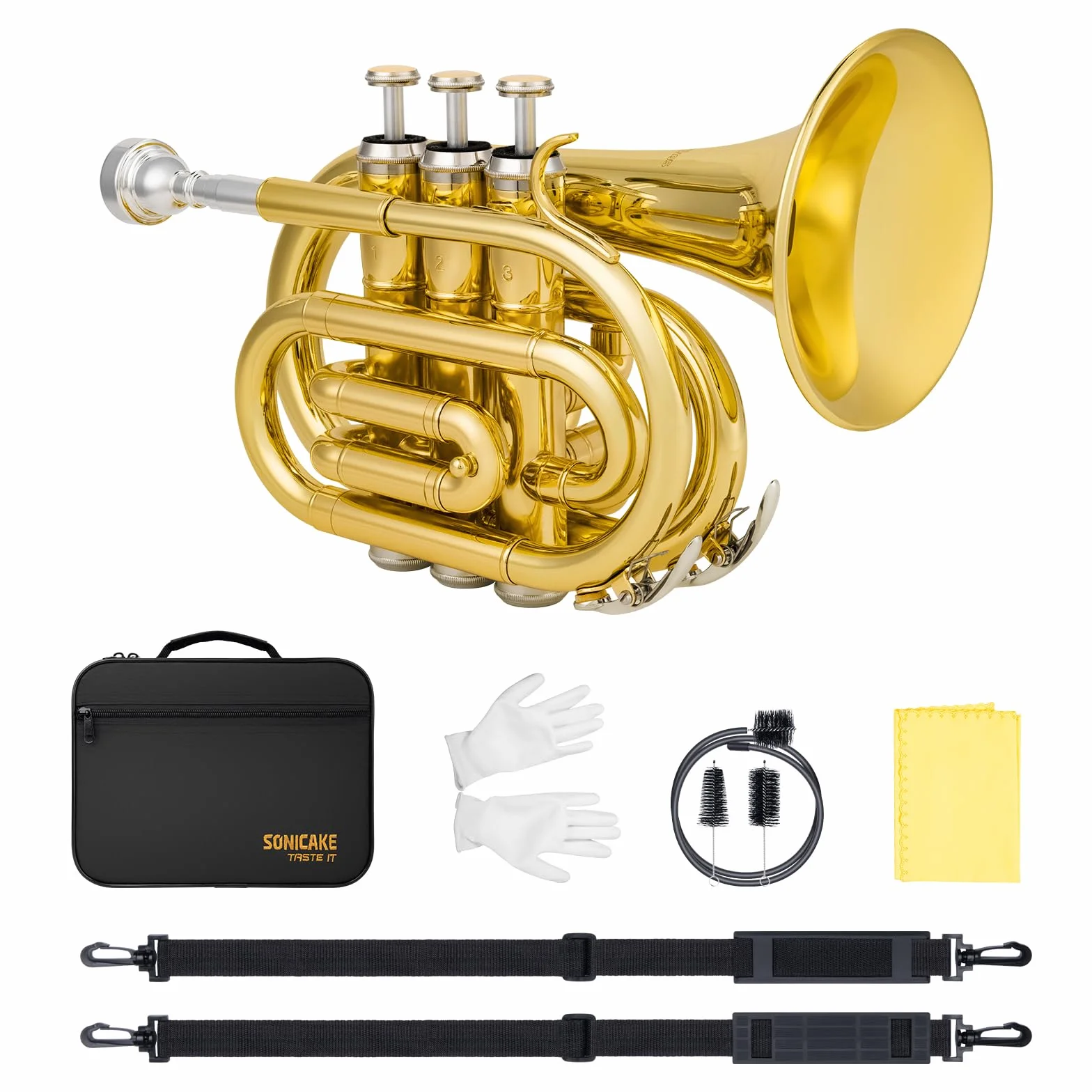 SONICAKE Trompette de Poche Sib Laiton Or, Kit Débutant avec Embouchure 7C, Étui Rigide, Gants QPT-01