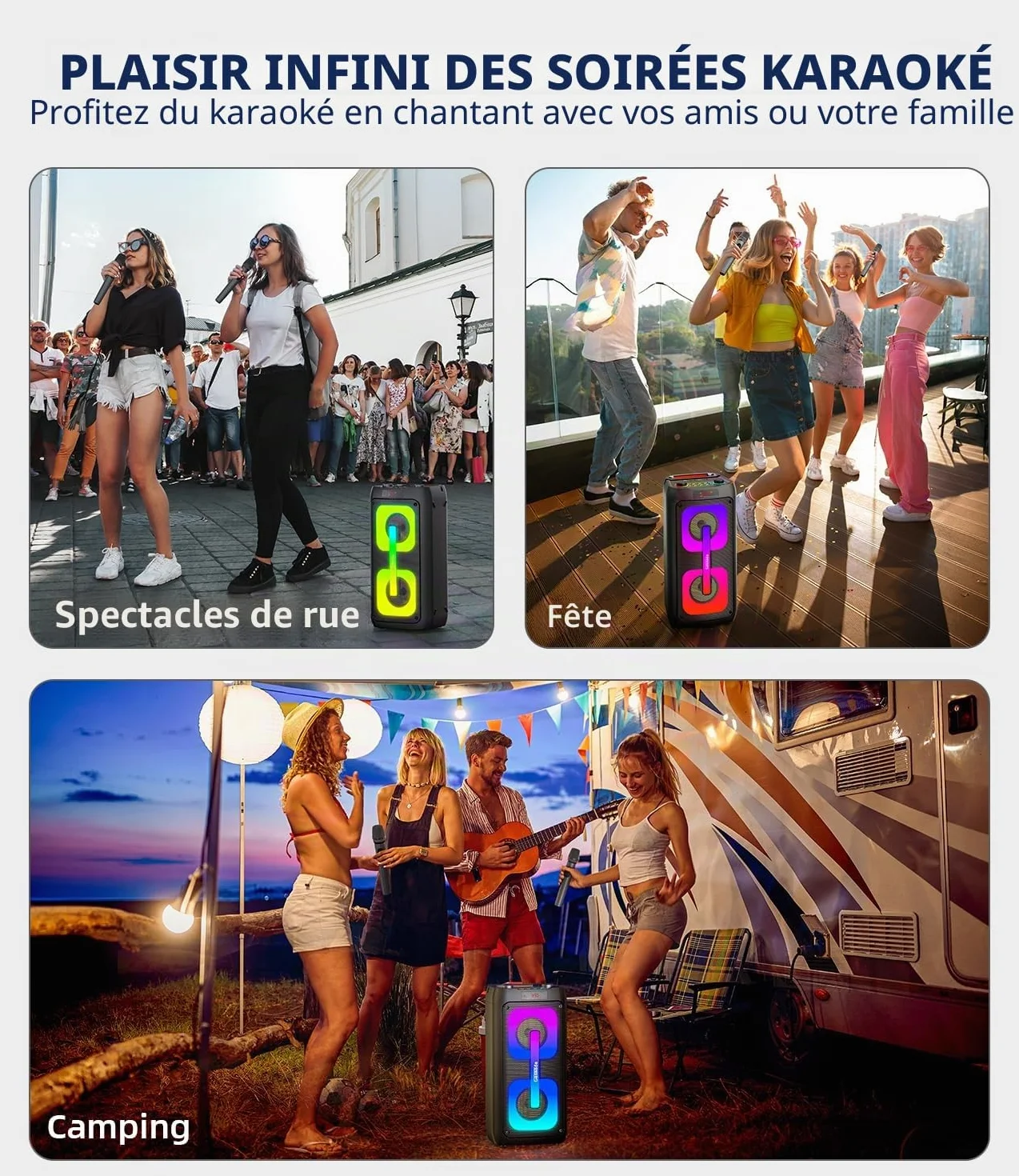 Machine de karaoké Bluetooth Professionnel avec 2 Microphones, Lumières LED, Support USB/TF/AUX/MIC/TWS