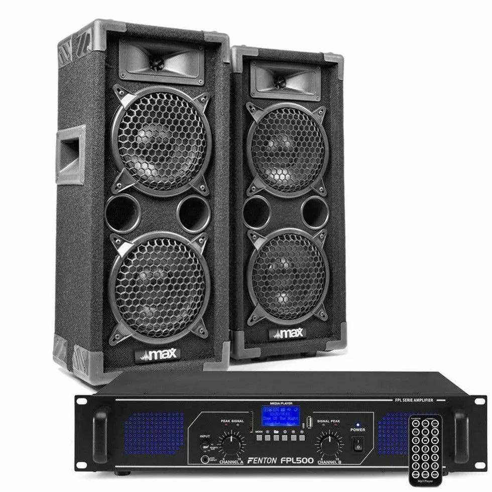 Fenton Kit DJ Max26 2 Enceintes 1200 Watts Bluetooth Lecteur MP3 Télécommande