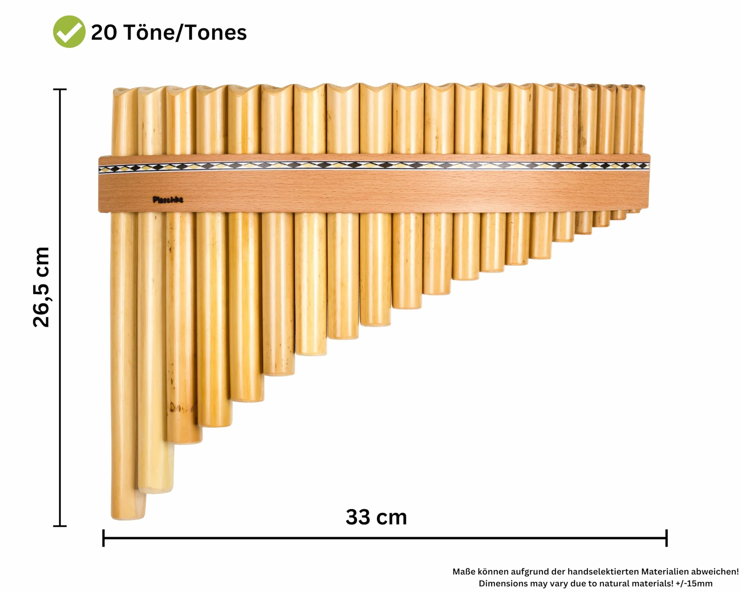 Plaschke Flûte de pan bambou 20 tubes Do majeur lanières bois étui livret fabriquée main