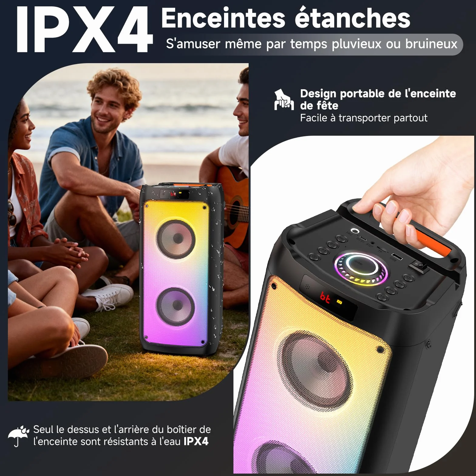 Enceinte Karaoké Bluetooth 5.3 150W avec 2 Micros sans Fil, Support Tablette et Lumière RVB, Noir