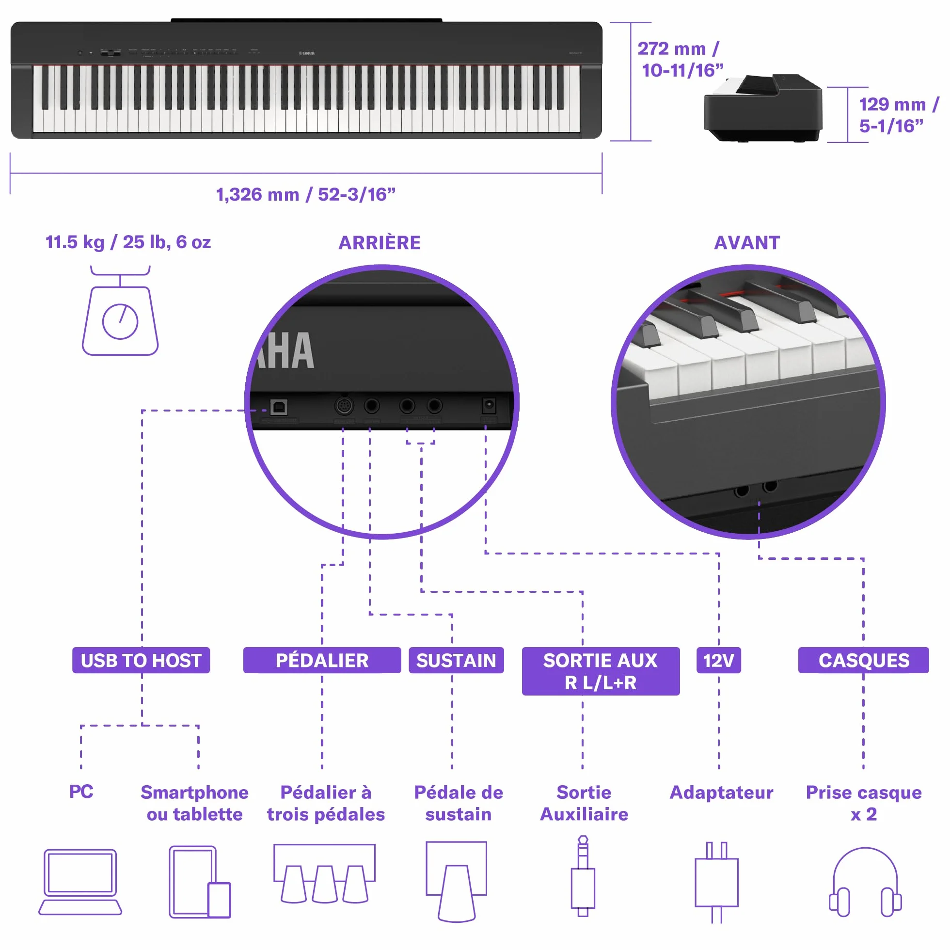 Yamaha P-225 Piano numérique 88 touches Graded-Hammer-Compact 24 voix noir