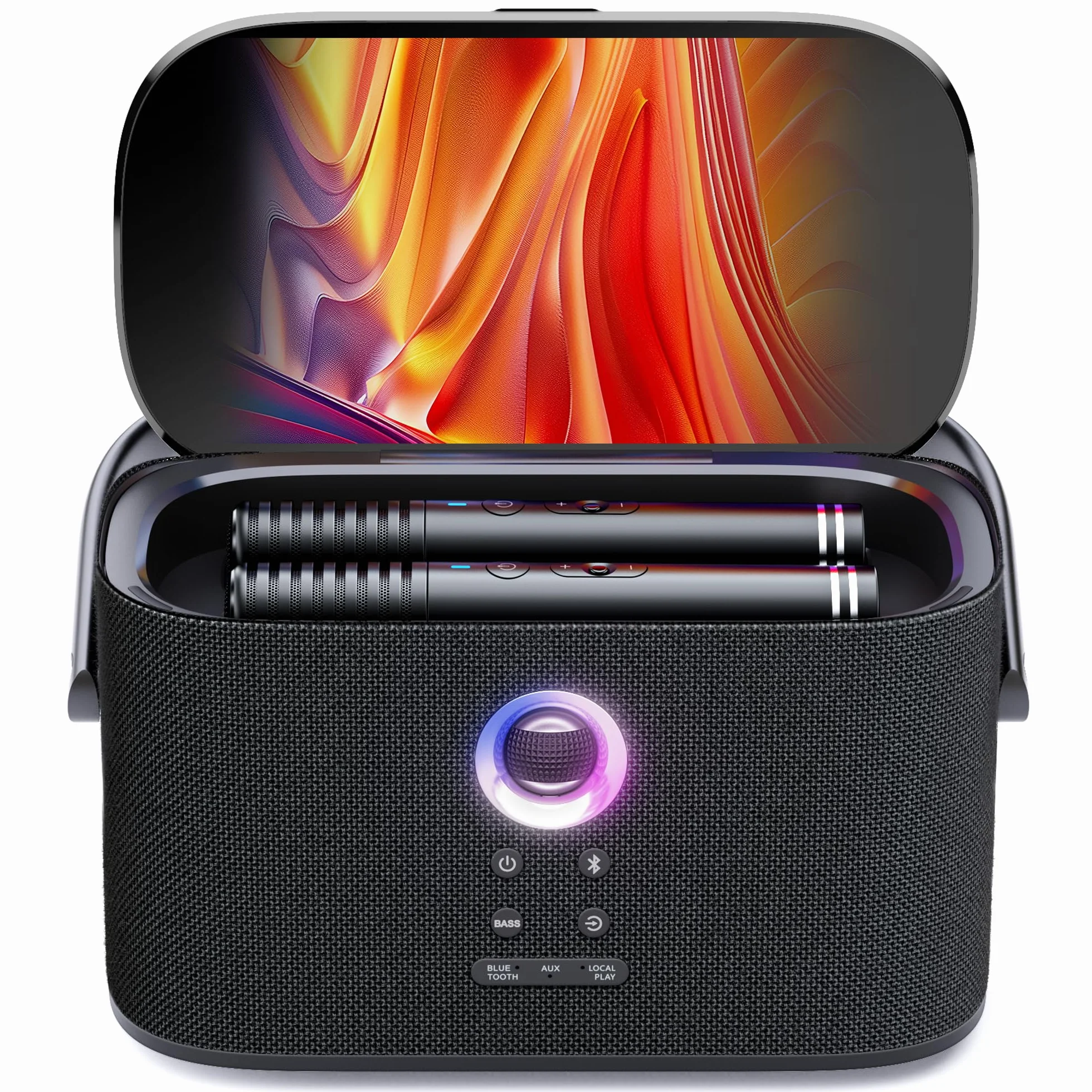Ikarao Karaoké Adulte Enceinte Pro avec Écran 2 Micros sans Fil 140W Compatible Wi-Fi HDMI TV Abonnement Karafun Inclus Shell S2