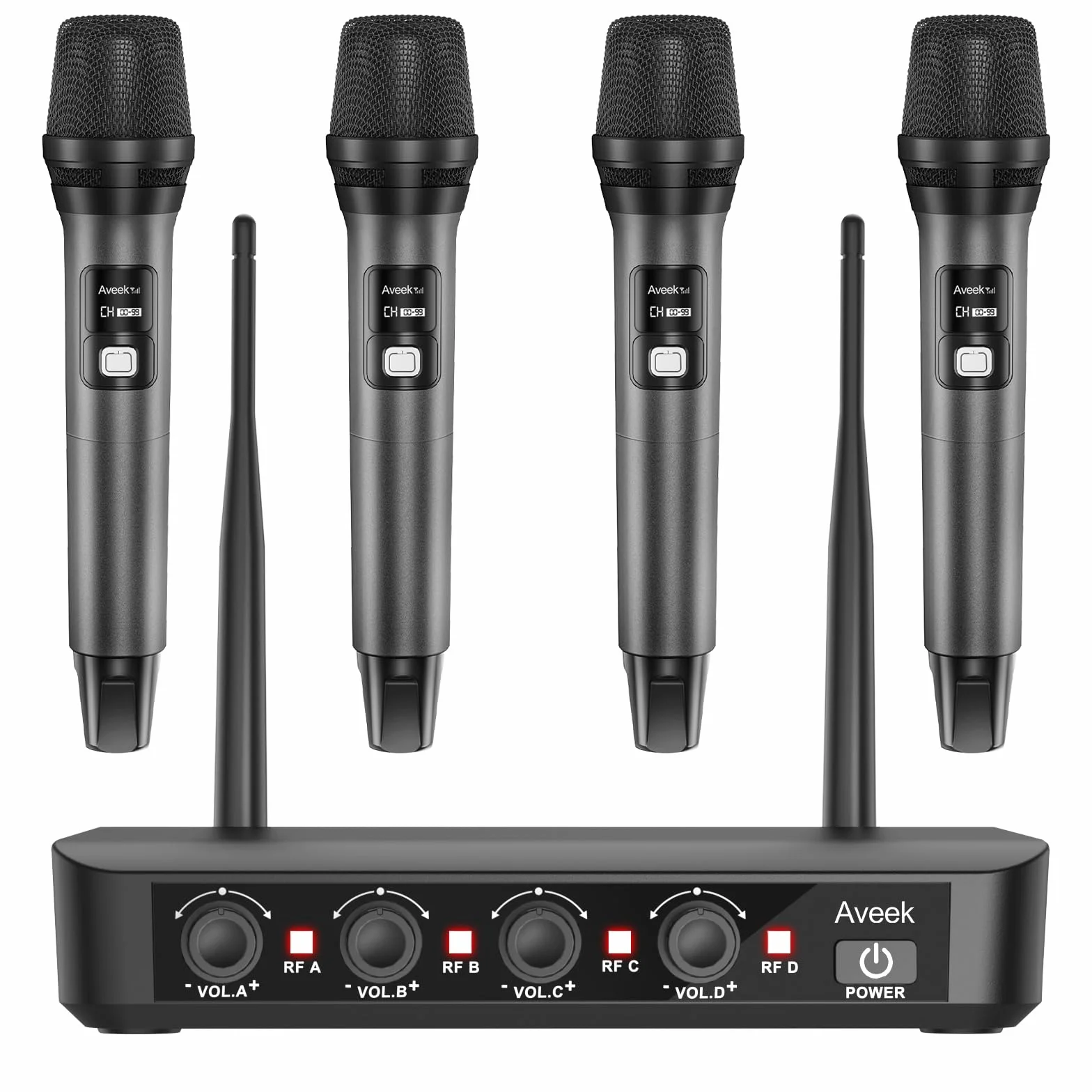 Aveek Système de microphone sans fil avec 4 micros dynamiques portatifs, portée 80 m, batterie 40 heures, faible latence