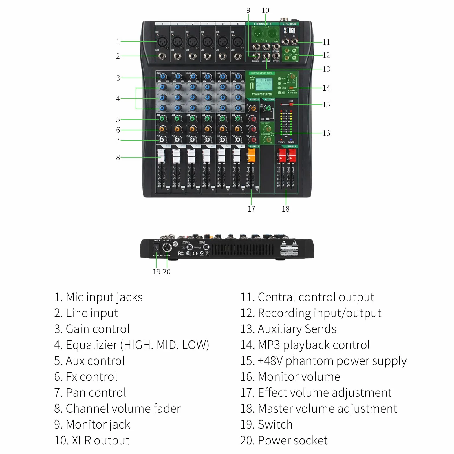 XTUGA CT60 Table de mixage audio 6 canaux avec effet numérique, alimentation fantôme 48V, entrée RCA XLR